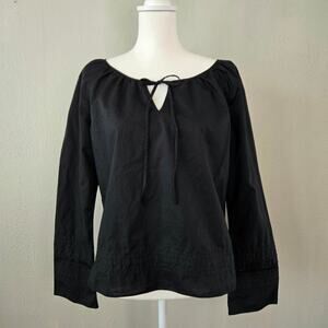Vintage Y2k Boho Cotton Poplin Tie Front Peasant Top Black L Romantic Cottage